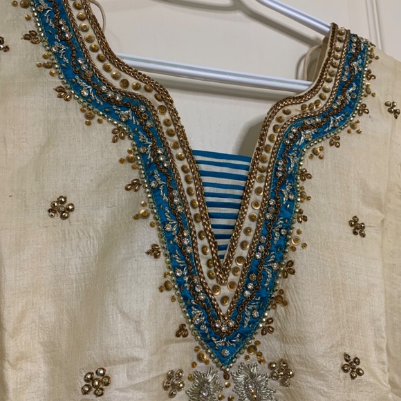 Indian Blue with Off white Pajami full Suit - Picture 6 of 11